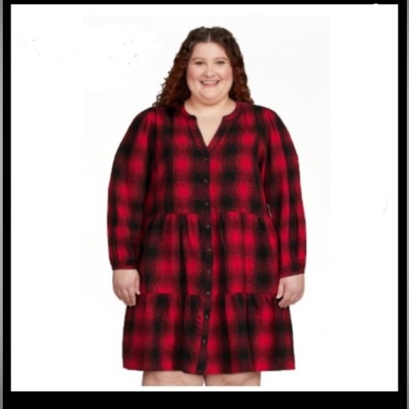 Time and Tru Red + Black Plaid Long Sleeve Mini Dress | 100% Cotton | Size 22 - Picture 1 of 9